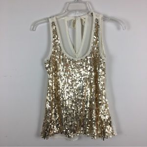 Kirra Gold Sequin Ivory Sleeveless Blouse Bow Tie Back Semi Sheer Tank XS